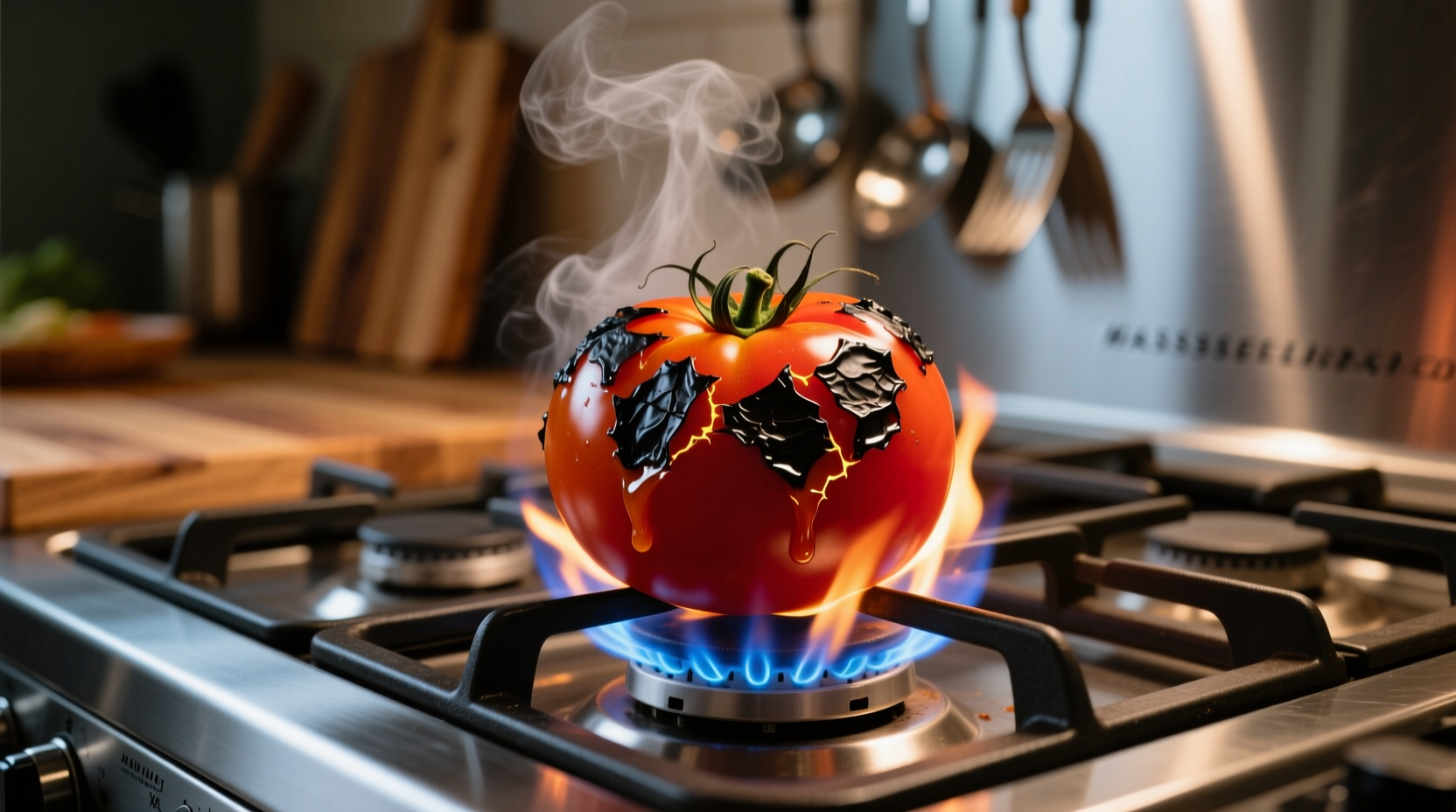 Tomatoes charring over gas flame on stove