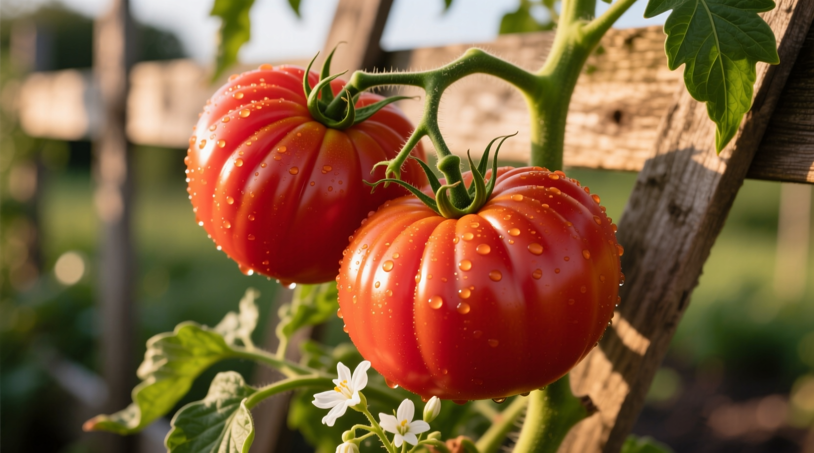 Ripe Beefmaster tomatoes on vine with characteristic ribbing