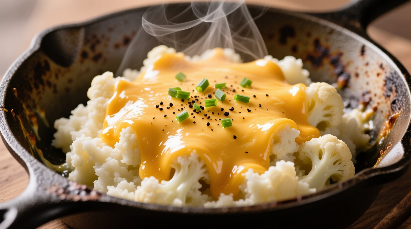 Keto cauliflower mash with melted cheese topping in cast iron skillet
