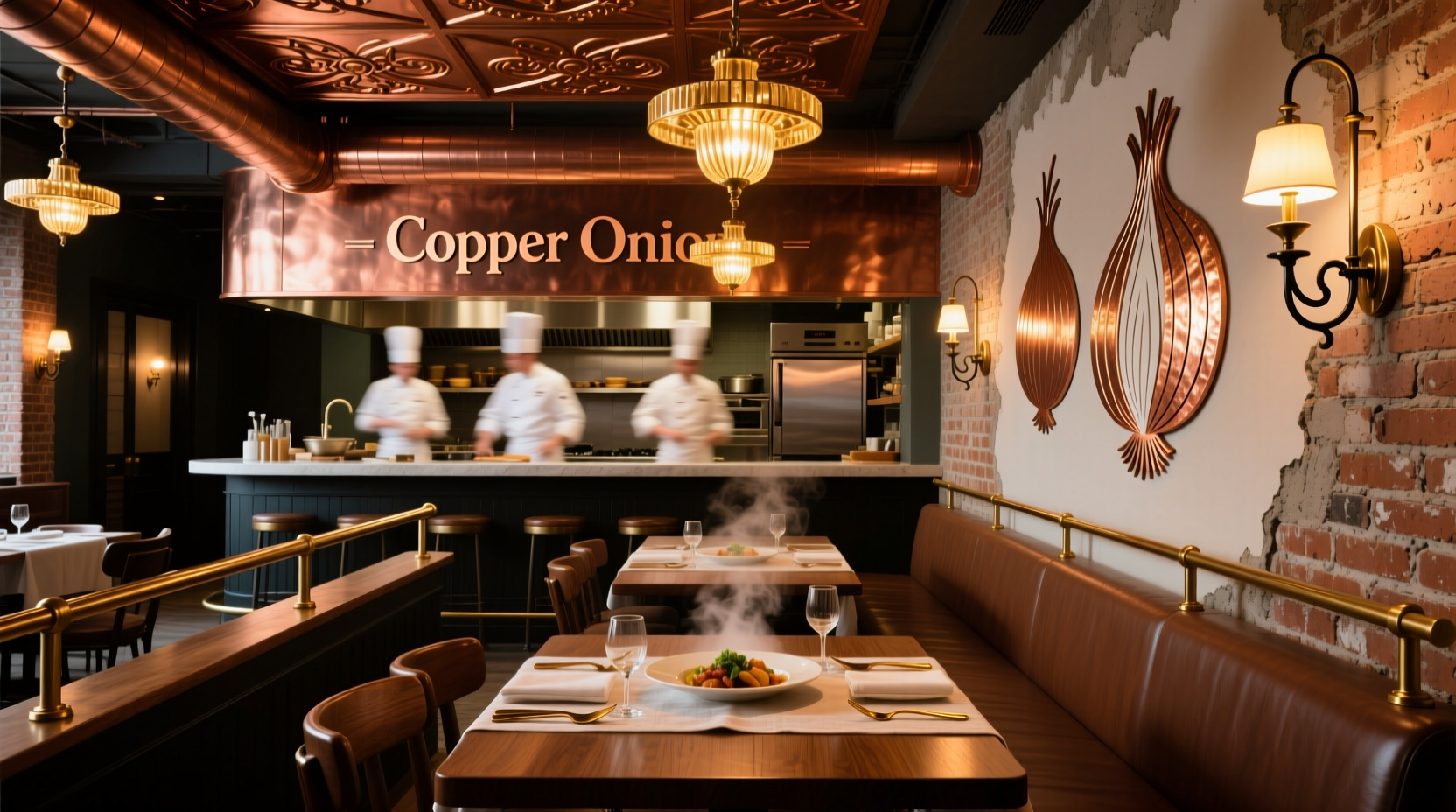 Copper Onion restaurant interior with exposed brick and copper accents