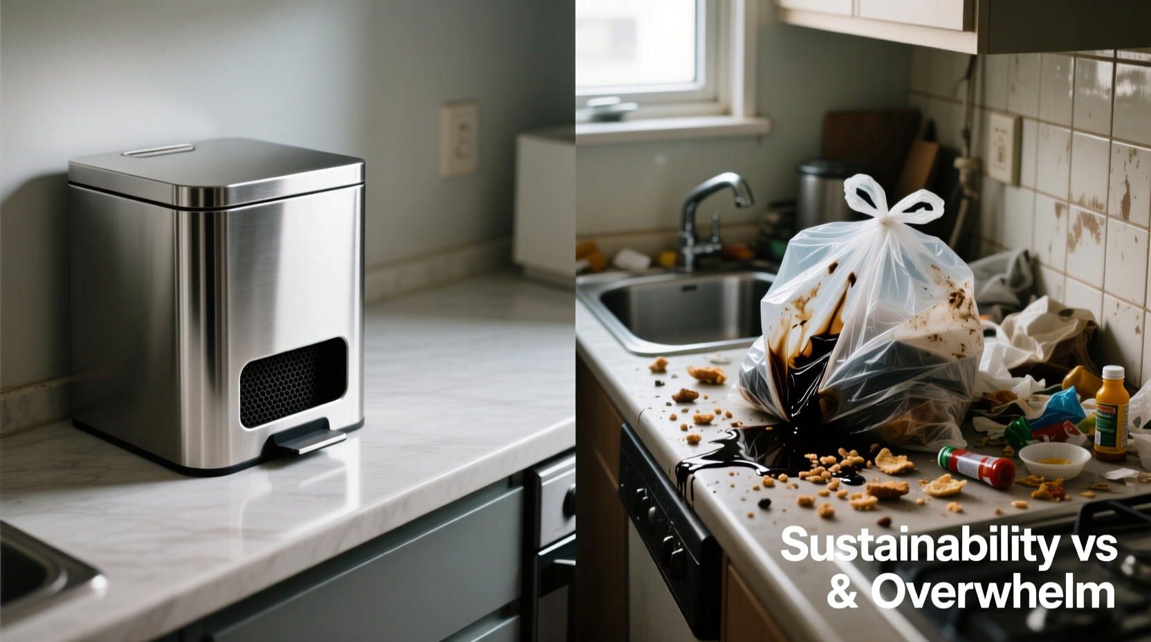 Side-by-side comparison: a stainless steel countertop compost bin with charcoal filter installed on a marble countertop next to a potted mint plant, versus a cracked plastic bin with visible mold along the lid seam in a steam-fogged bathroom mirror background—illustrating material integrity and humidity vulnerability