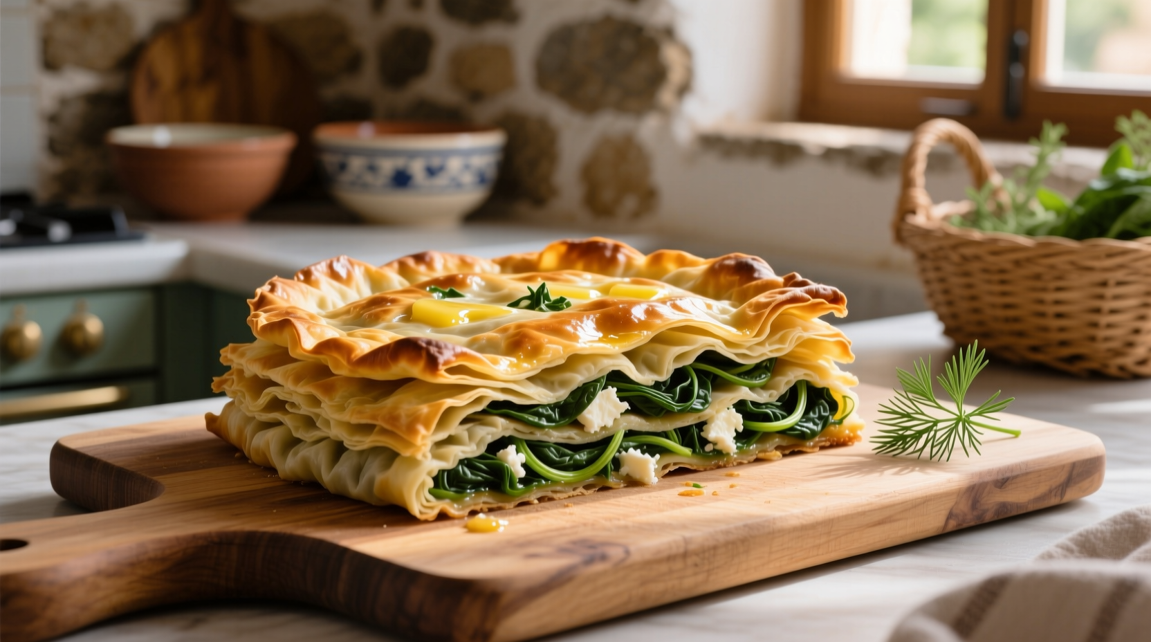 Traditional Greek spinach pie with golden phyllo layers