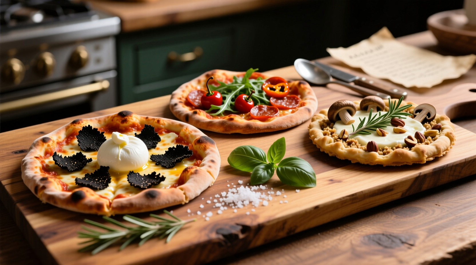 Three gourmet pizza variations on wooden board
