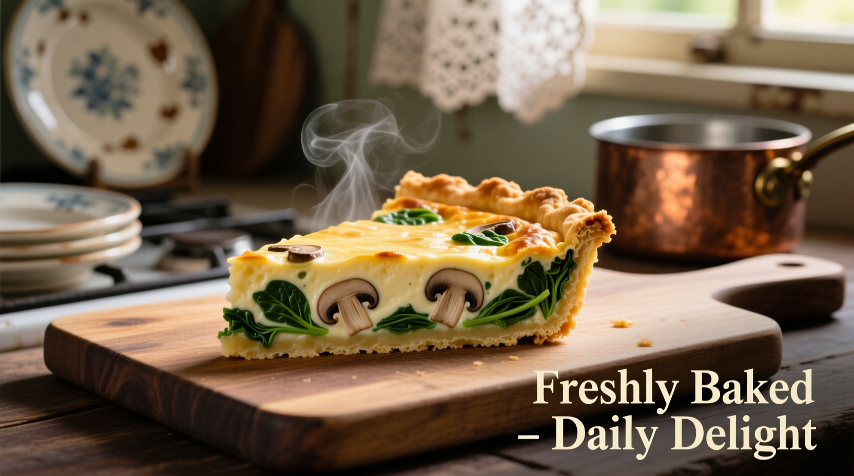 Perfectly golden spinach mushroom quiche slice