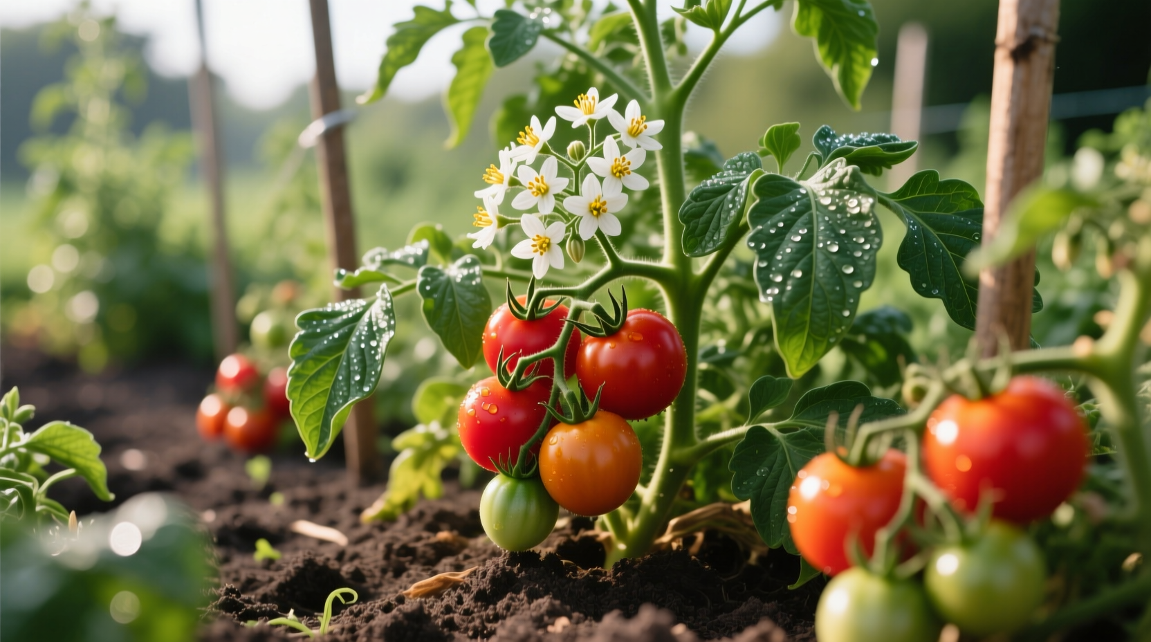 Tomato plant with flowers and fruit