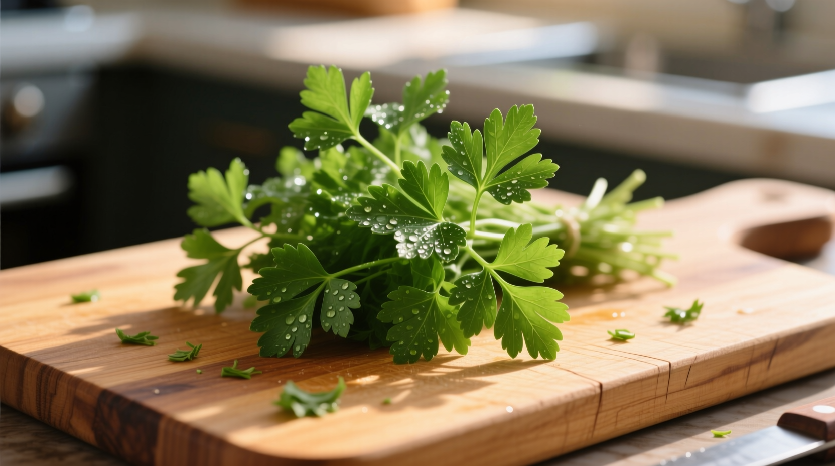 Fresh flat-leaf parsley bunch on wooden cutting board