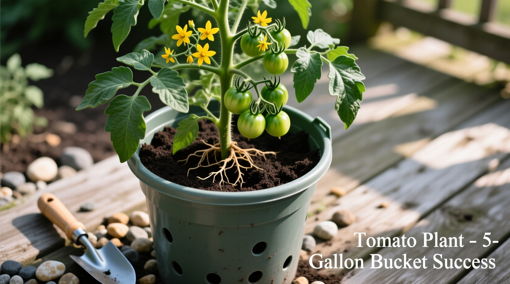 Tomato plant thriving in five-gallon bucket with proper drainage