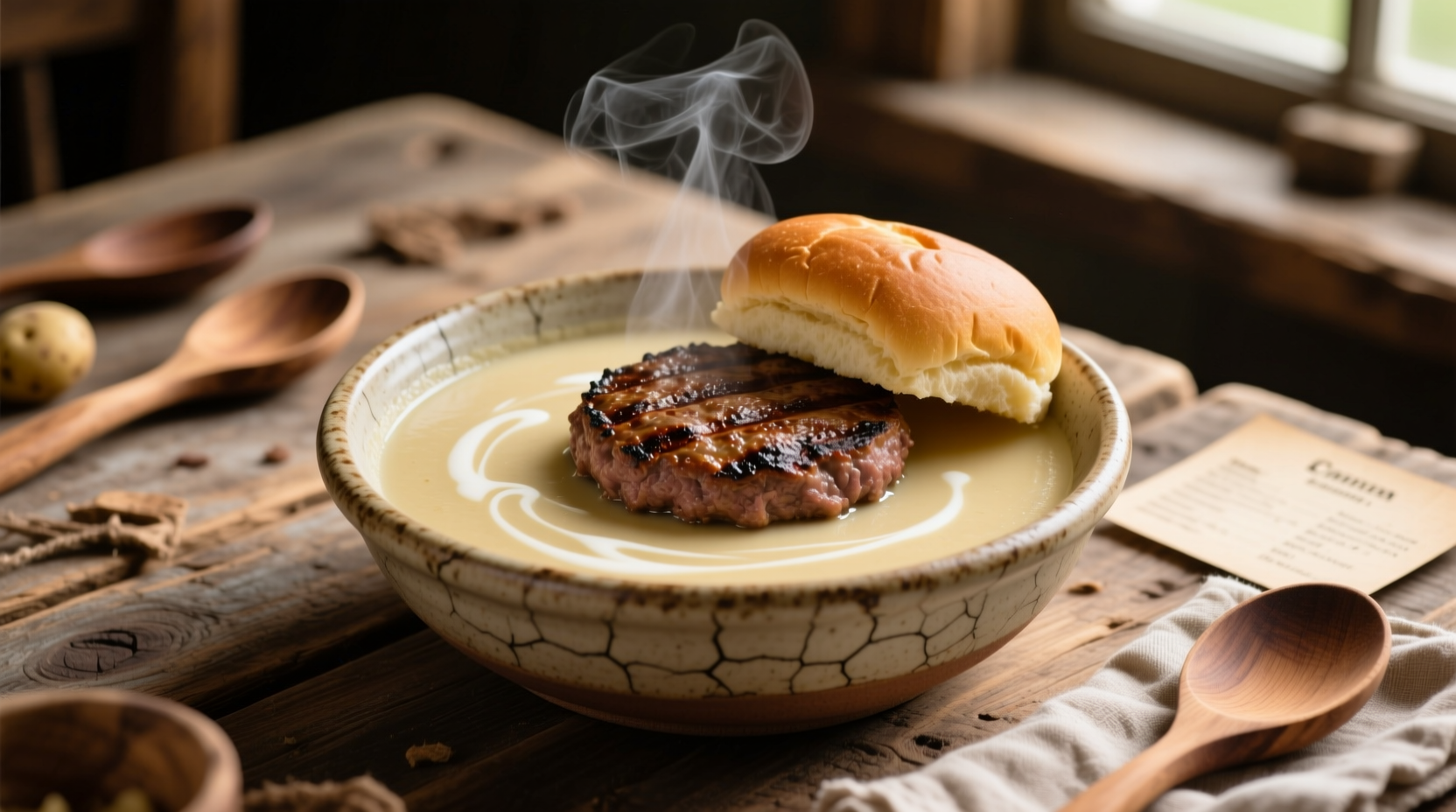 Creamy potato soup with hamburger in rustic bowl
