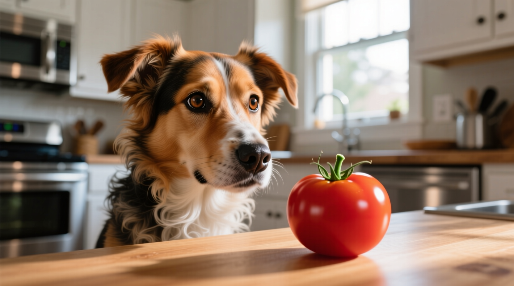 Dog looking at tomato on kitchen counter