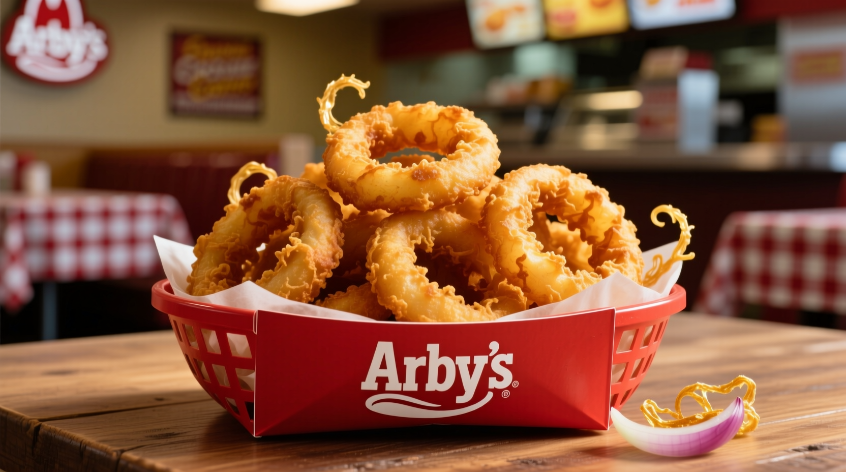 Crispy golden Arby's onion rings served in a red basket