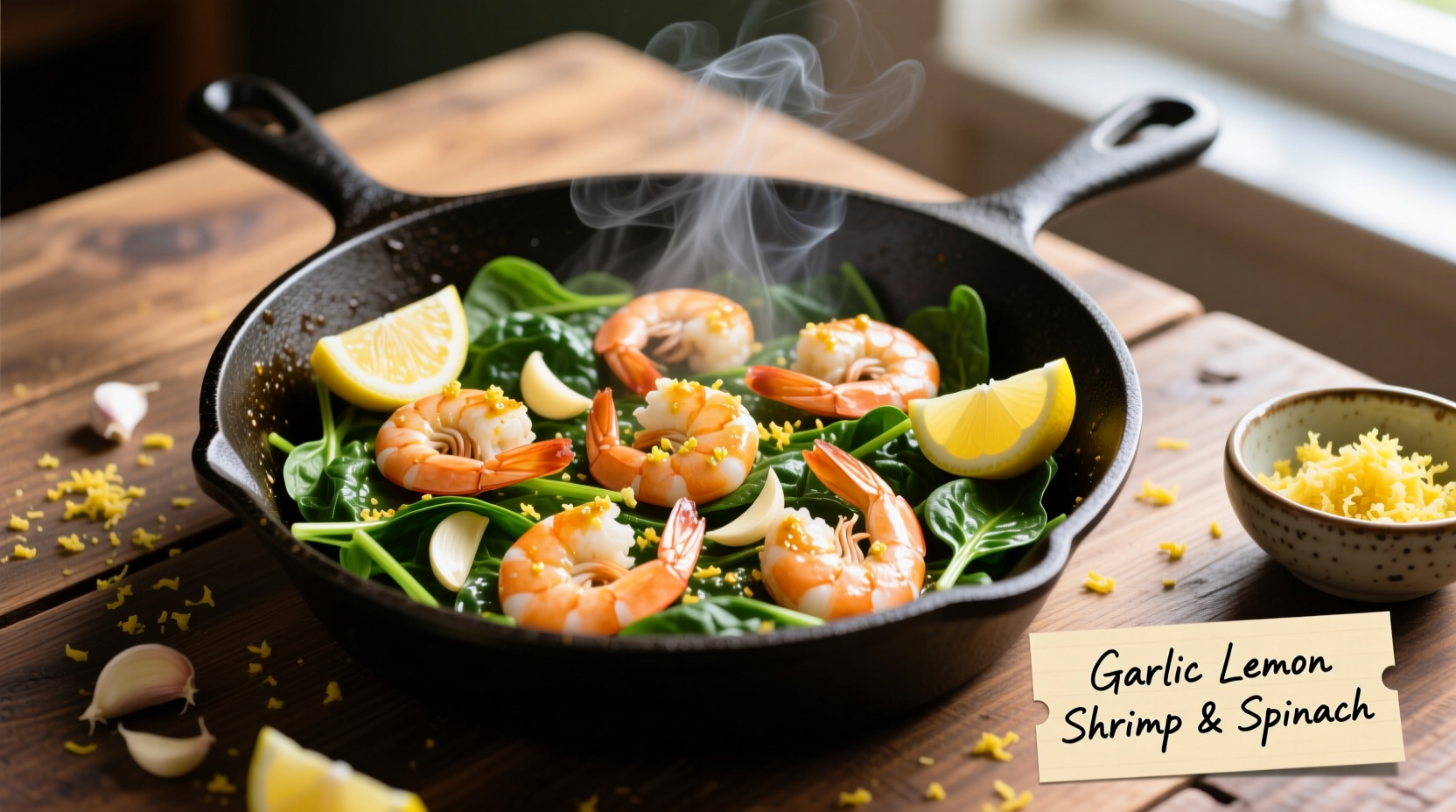 Spinach and shrimp skillet with garlic and lemon