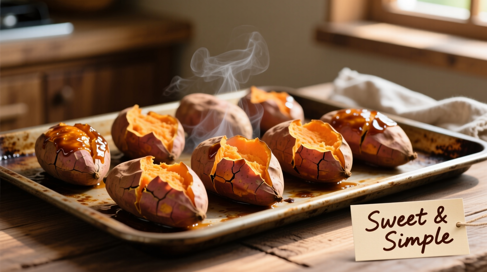 Perfectly baked sweet potatoes on a baking sheet