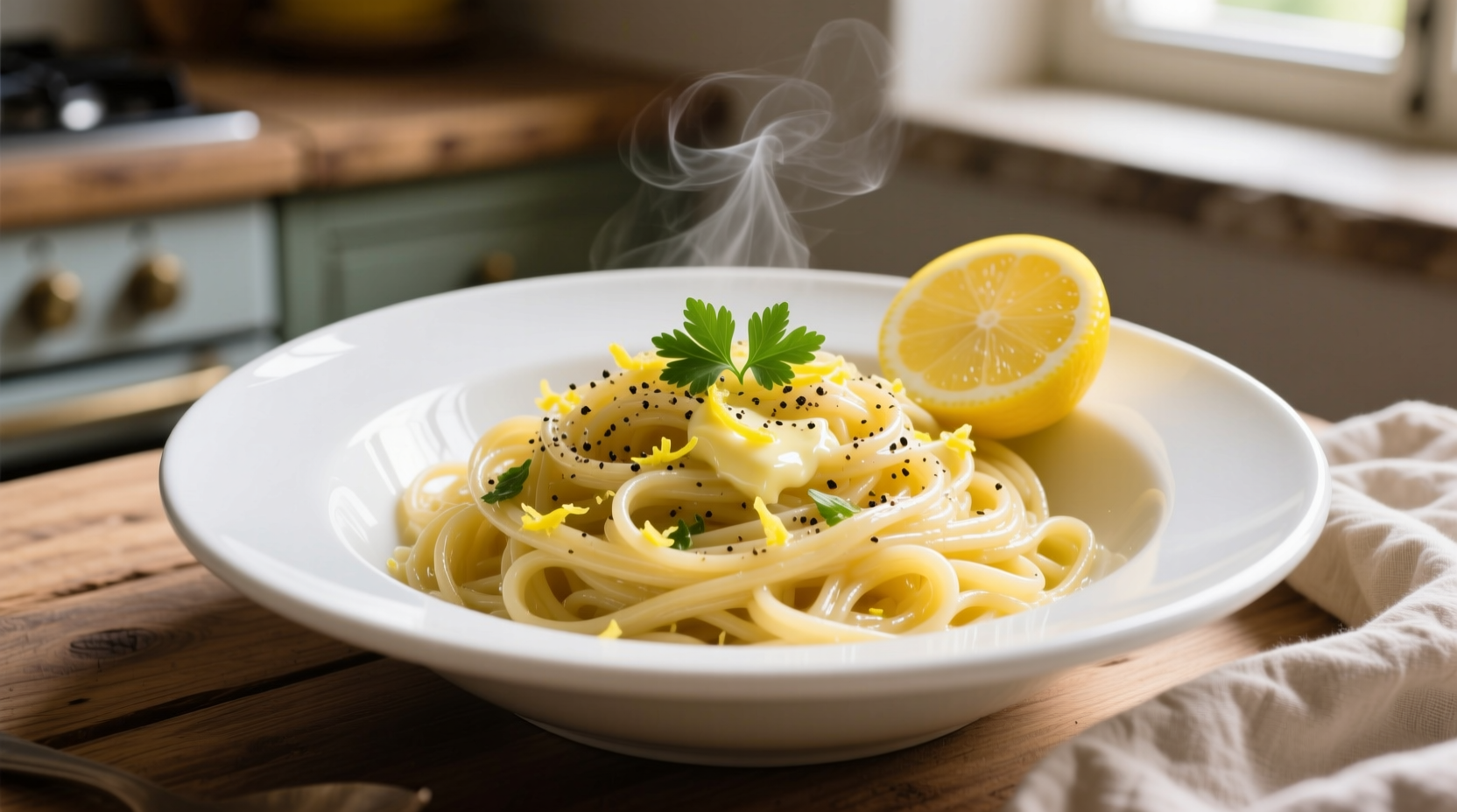 Fresh lemon garlic pasta in white bowl