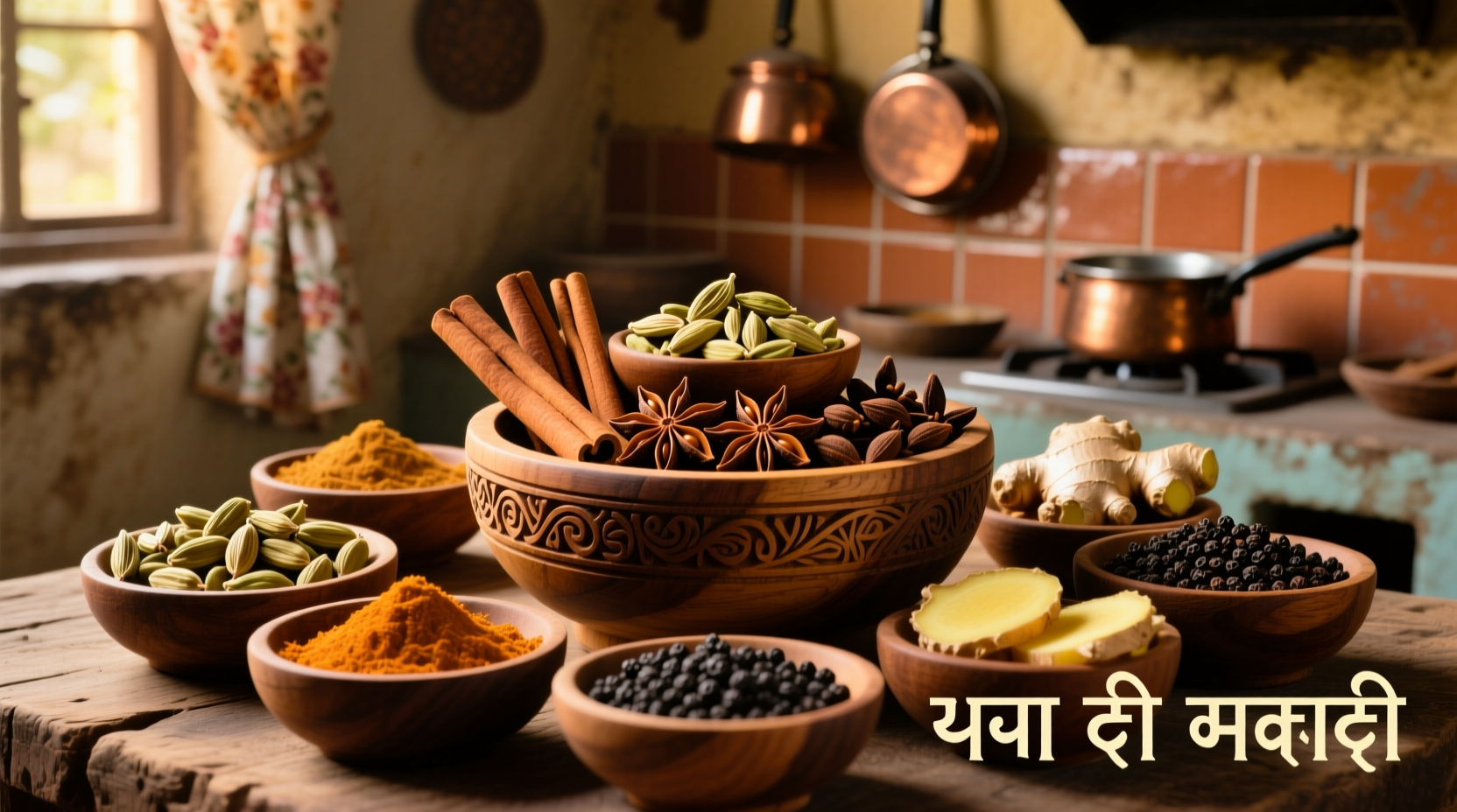 Traditional Indian chai spices arranged in wooden bowls