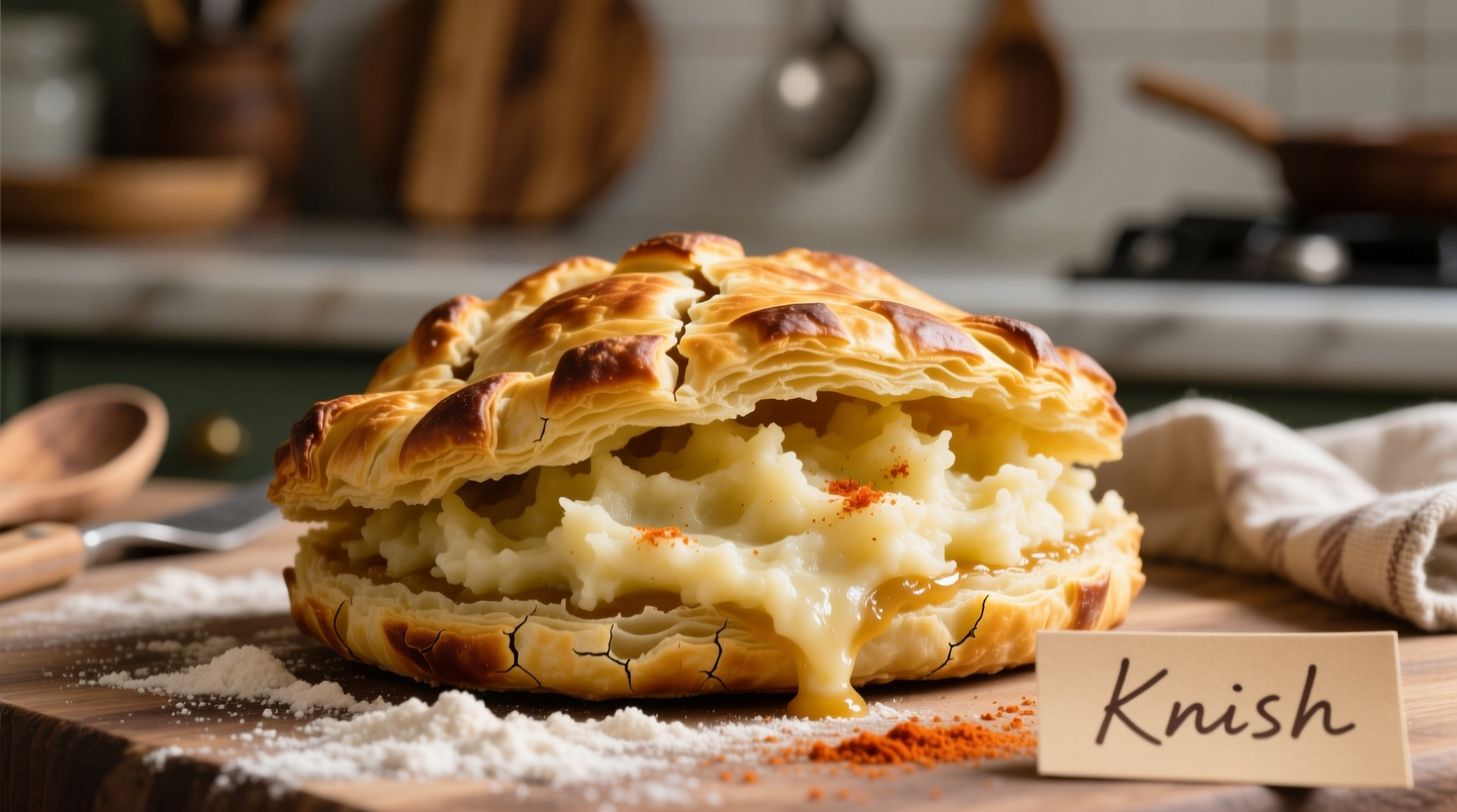 Traditional potato knish with golden crust and creamy filling