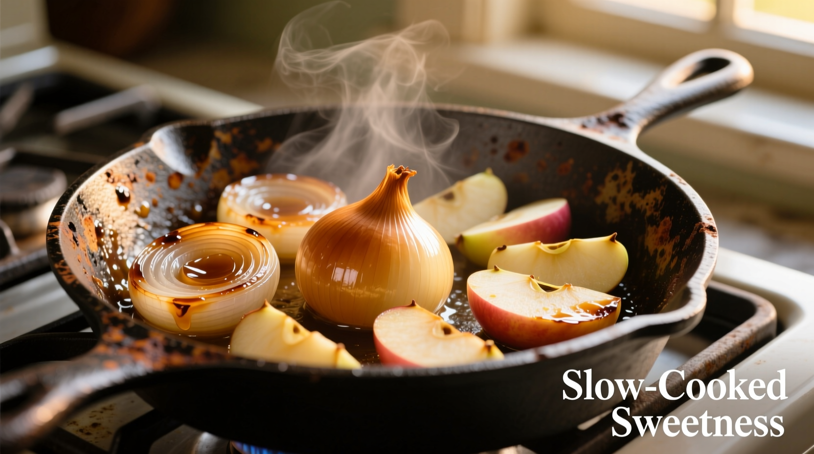 Caramelized onions and sliced apples in cast iron skillet