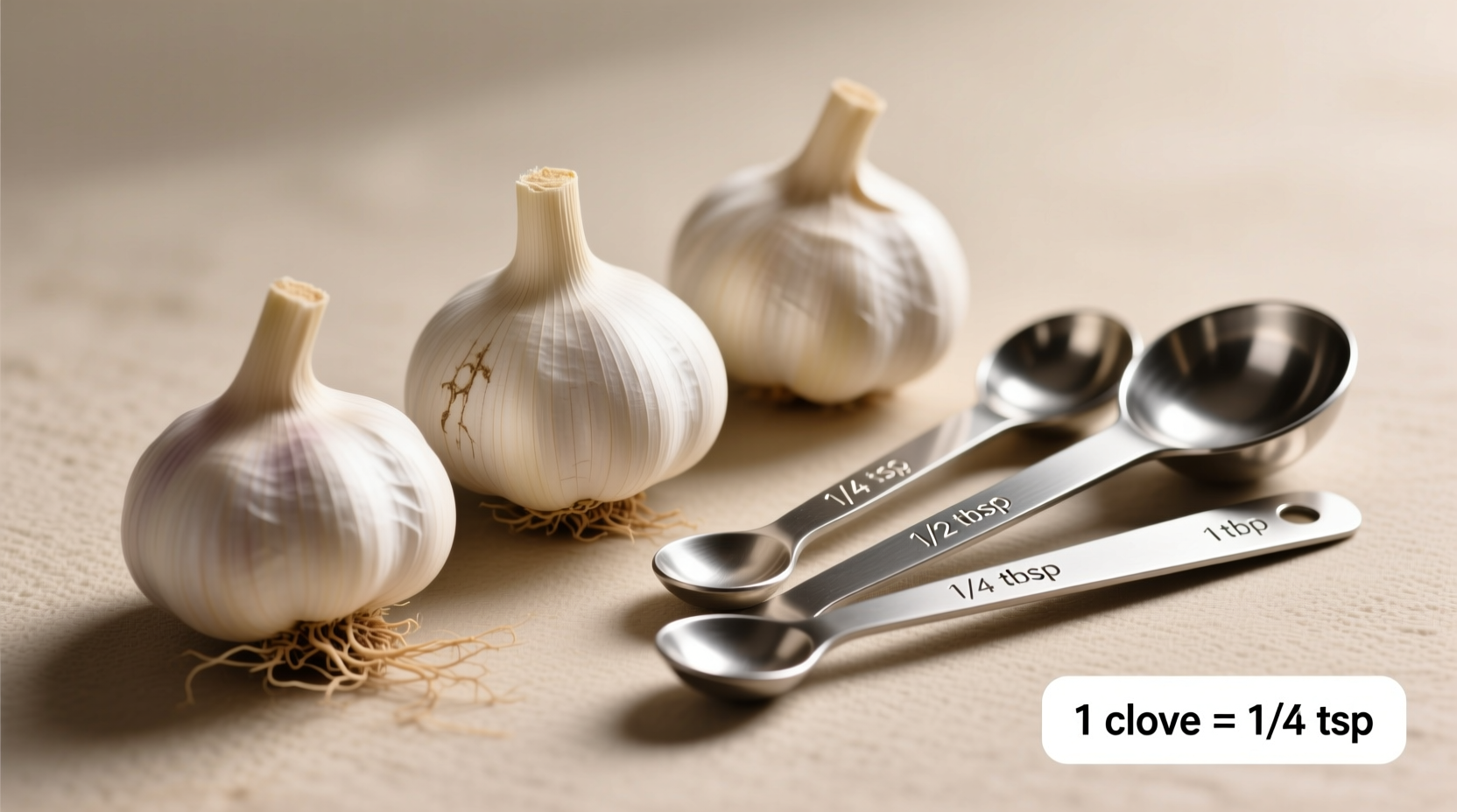 Four garlic cloves next to measuring spoons showing conversion