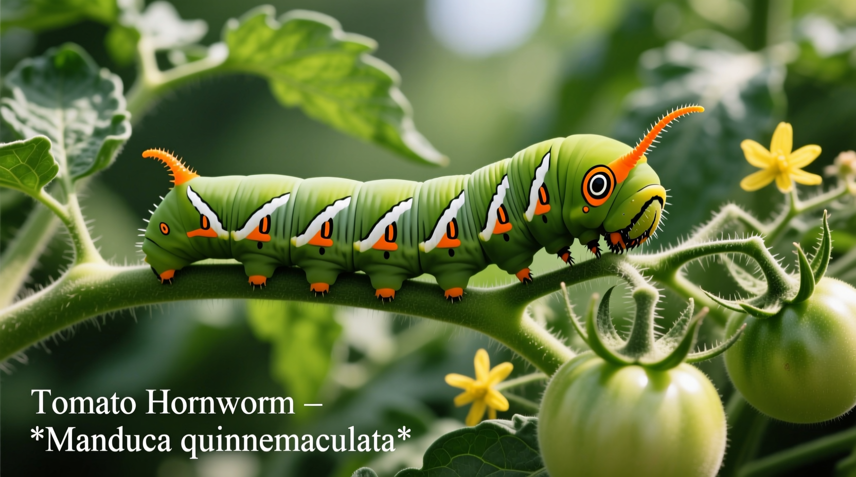 Tomato hornworm on tomato plant with distinctive markings