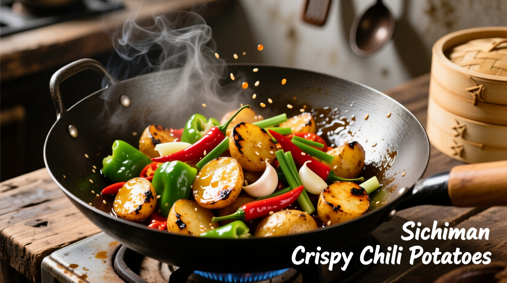 Crispy chili potatoes in wok with fresh ingredients