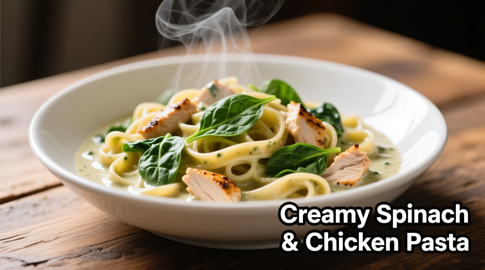 Creamy pasta with spinach and chicken in white bowl