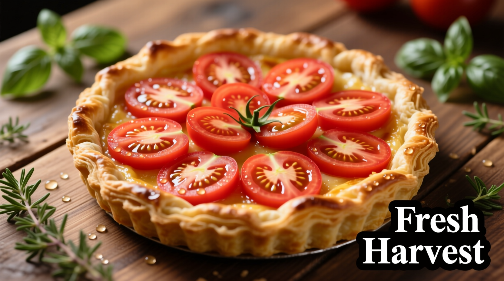 Golden tomato tart with flaky crust and vibrant red slices