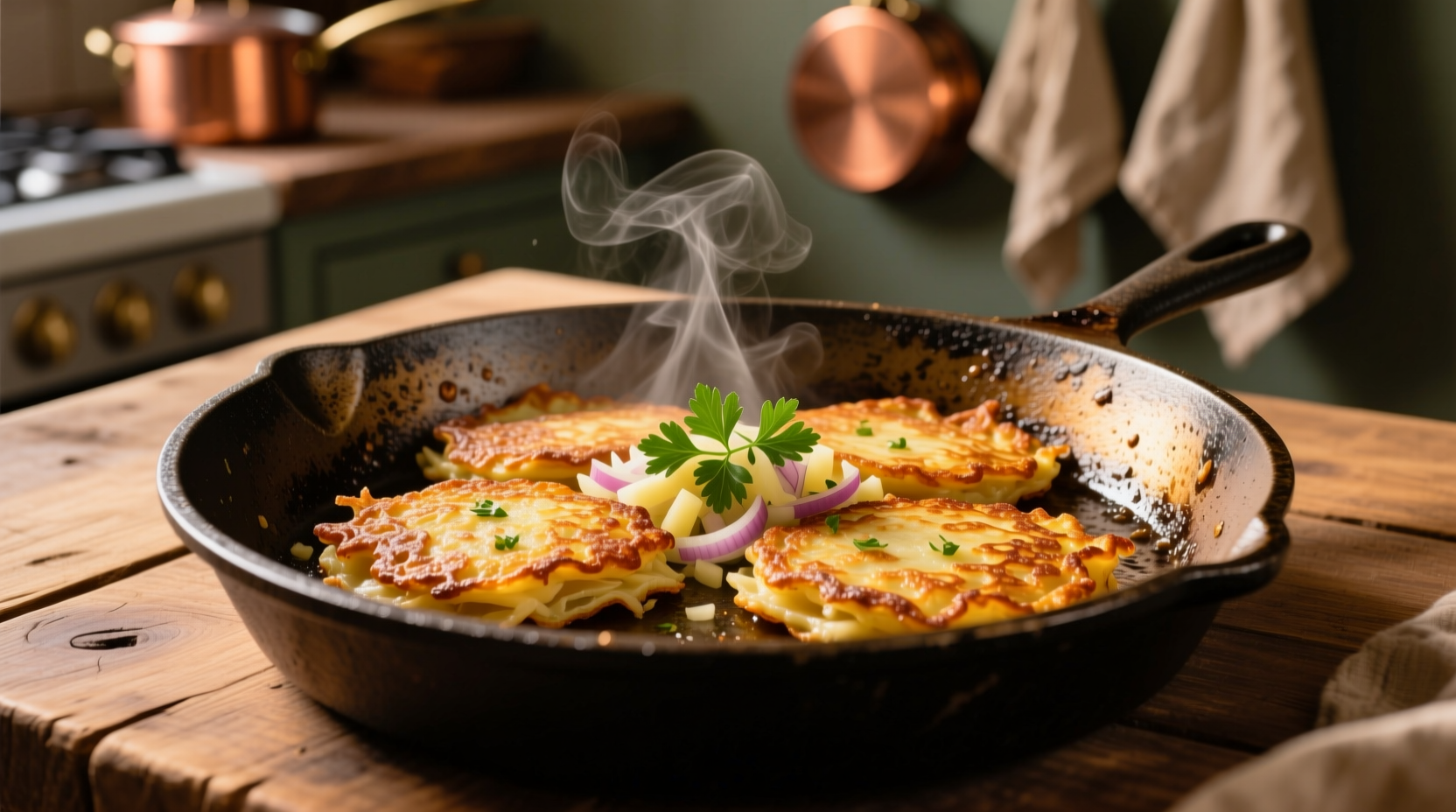 Golden brown potato pancakes on cast iron skillet