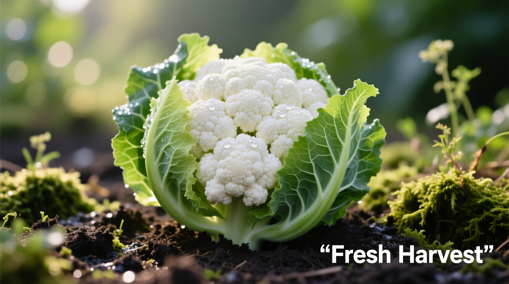 Fresh cauliflower head with green leaves on garden soil