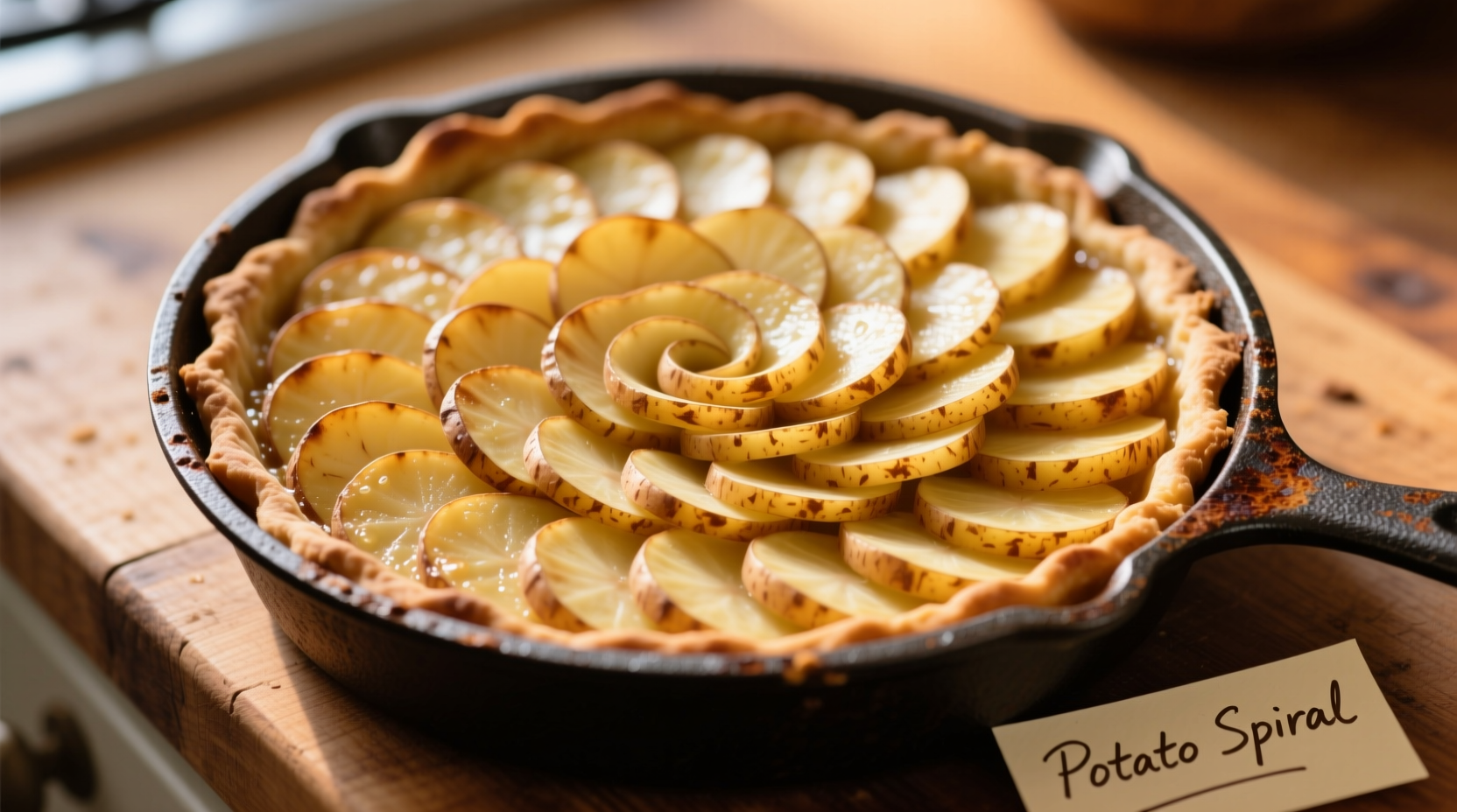 Thinly sliced potatoes arranged in quiche pan