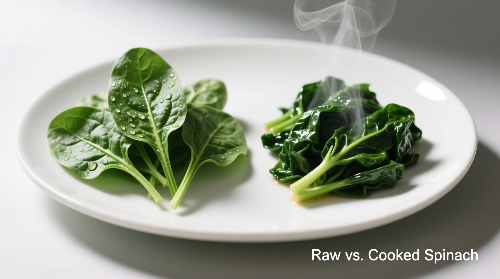 Spinach comparison showing raw leaves and cooked greens