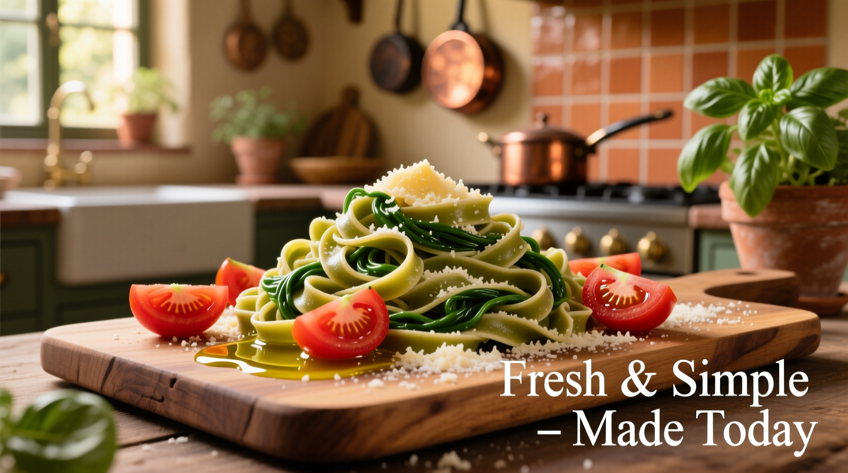 Fresh pasta with vibrant spinach and ripe tomatoes
