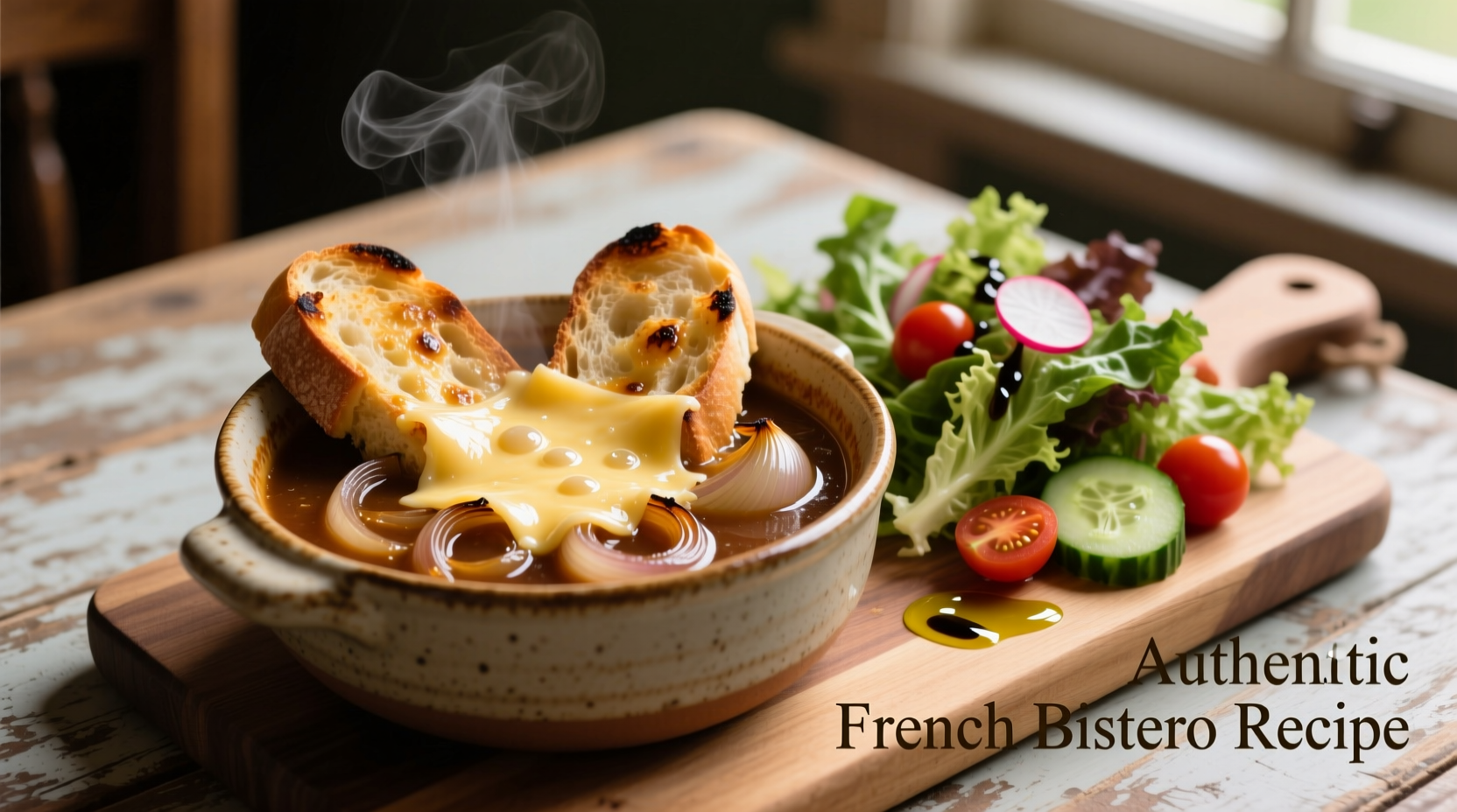 French onion soup with baguette and salad