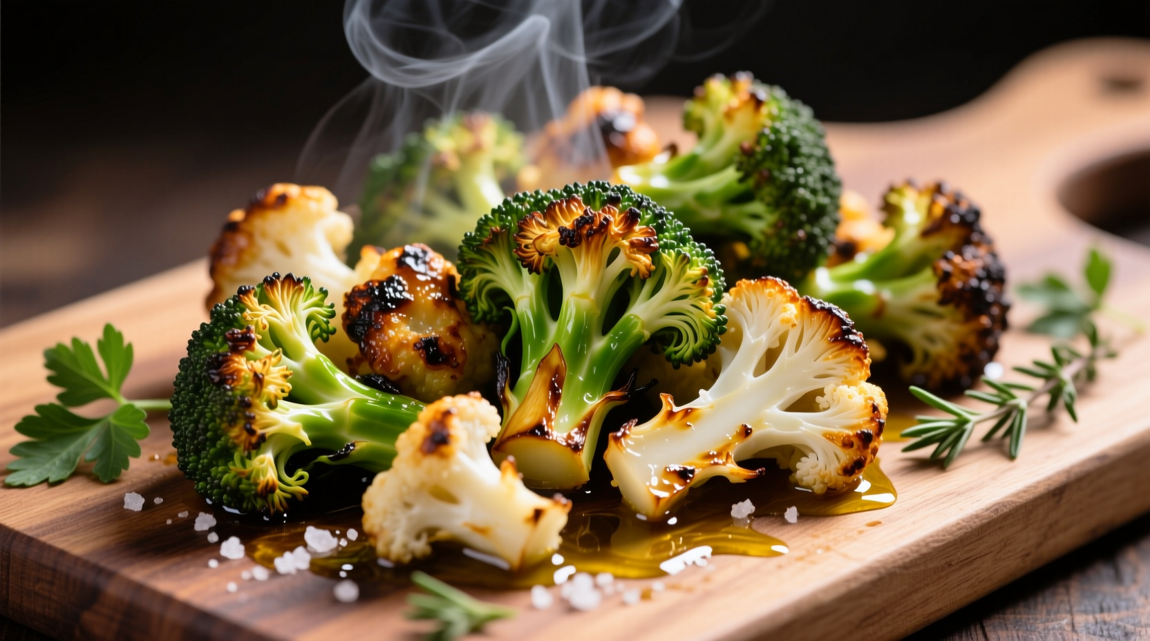 Oven roasted broccoli and cauliflower with golden brown edges