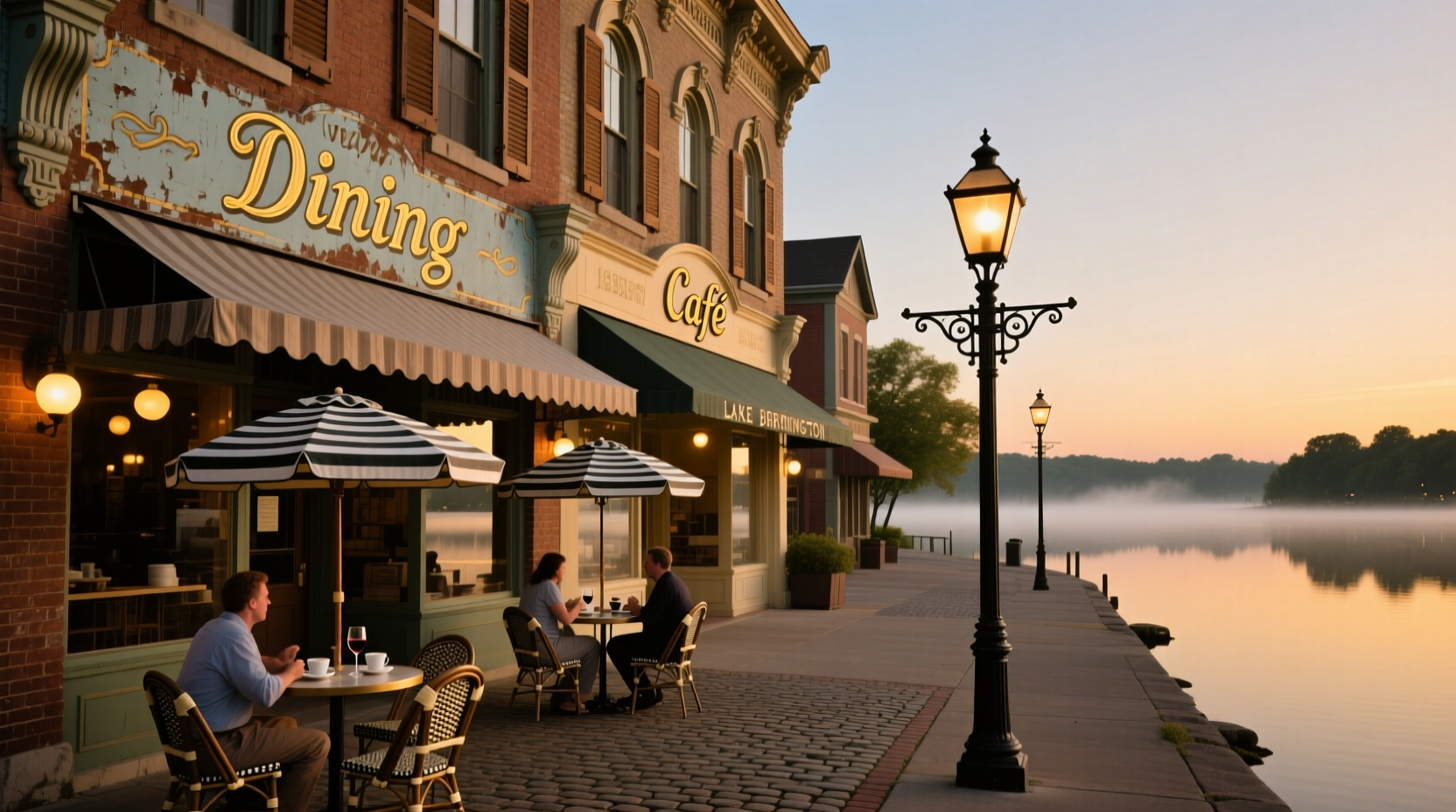 Lake Barrington dining district with historic storefronts