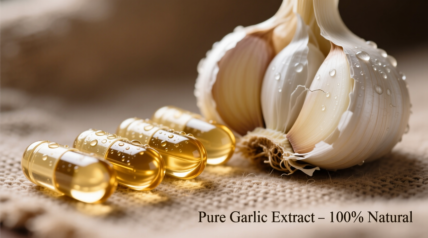 Garlic extract capsules next to fresh garlic cloves