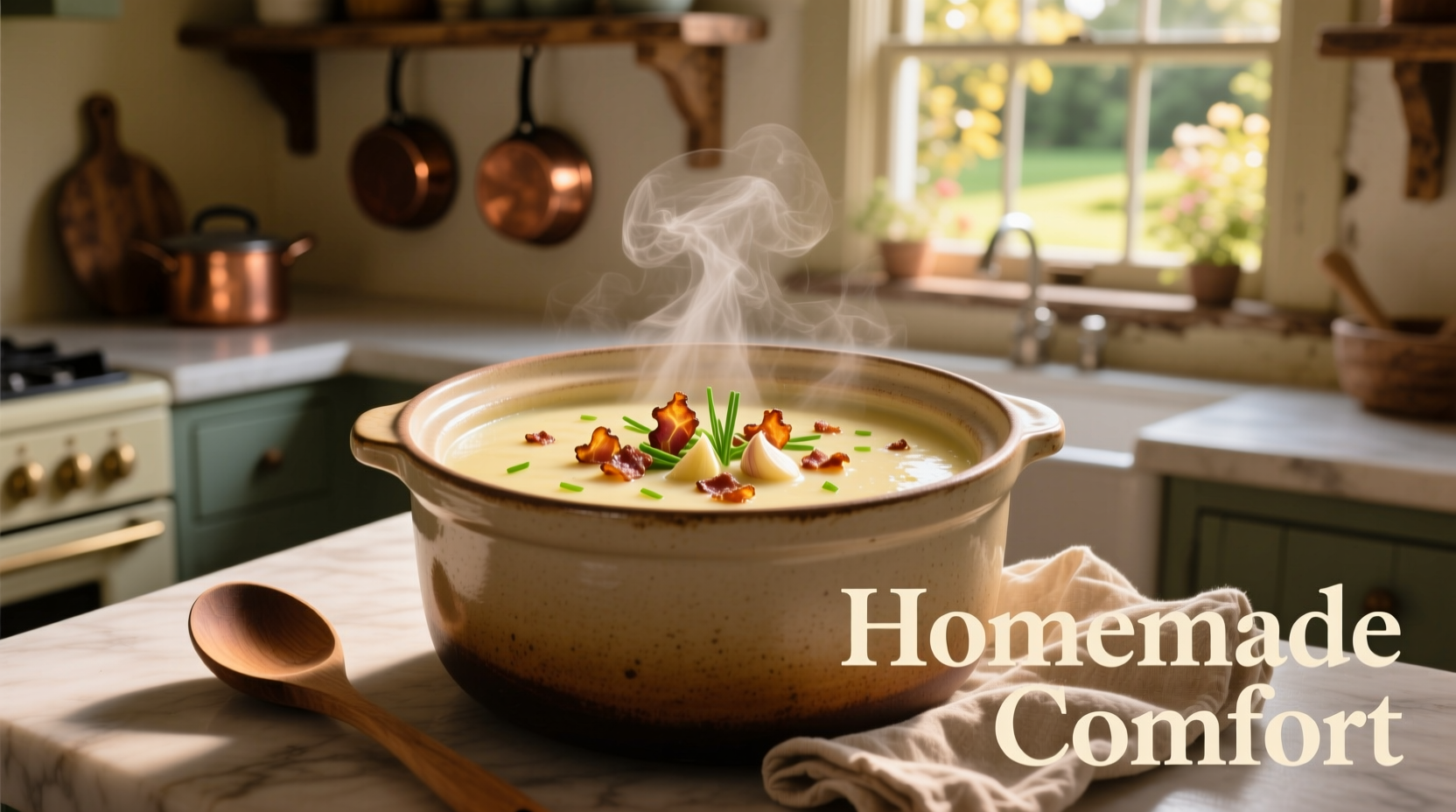 Creamy potato soup in crock pot with bacon garnish