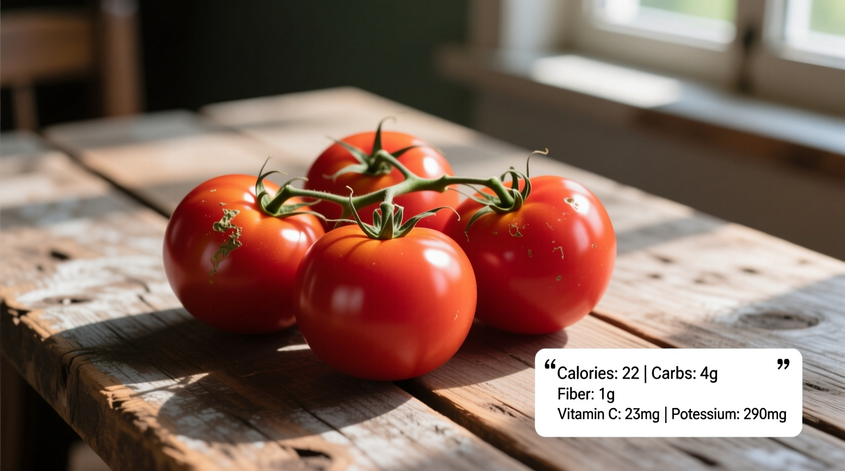 Fresh tomatoes on wooden table with nutritional facts