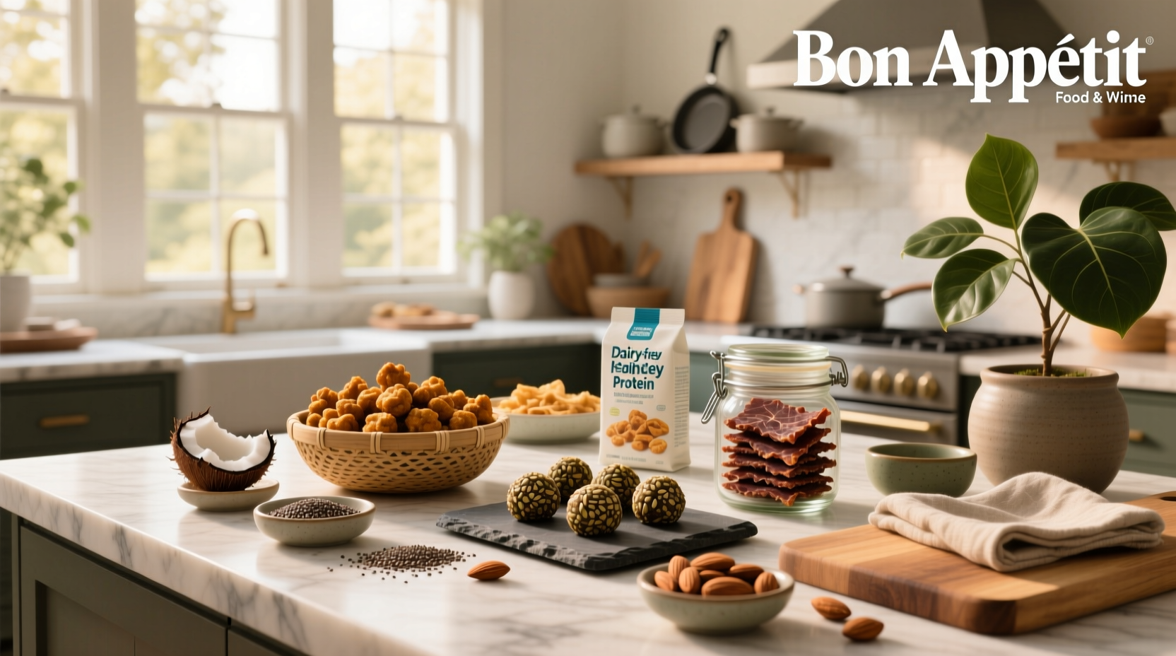 Assorted high-protein dairy-free snacks including nuts, seeds, edamame, and chia pudding in small bowls