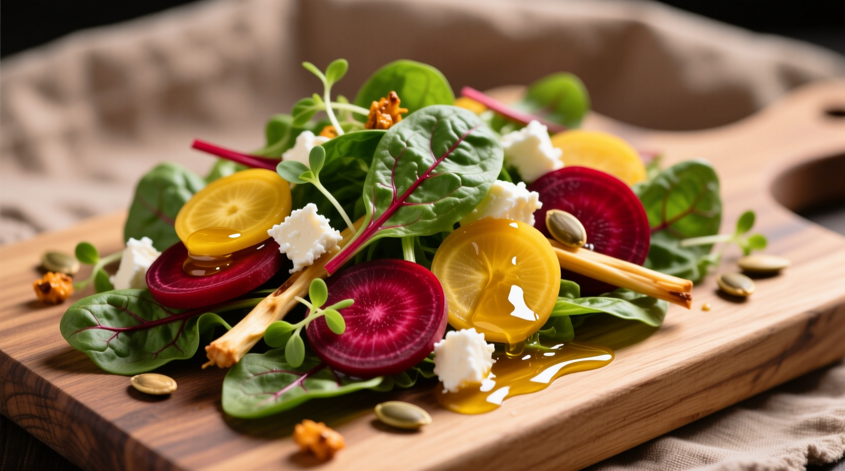 Vibrant spinach beet salad with golden beets and goat cheese