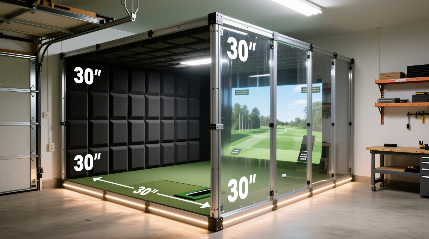 DIY golf simulator enclosure measuring clearance space