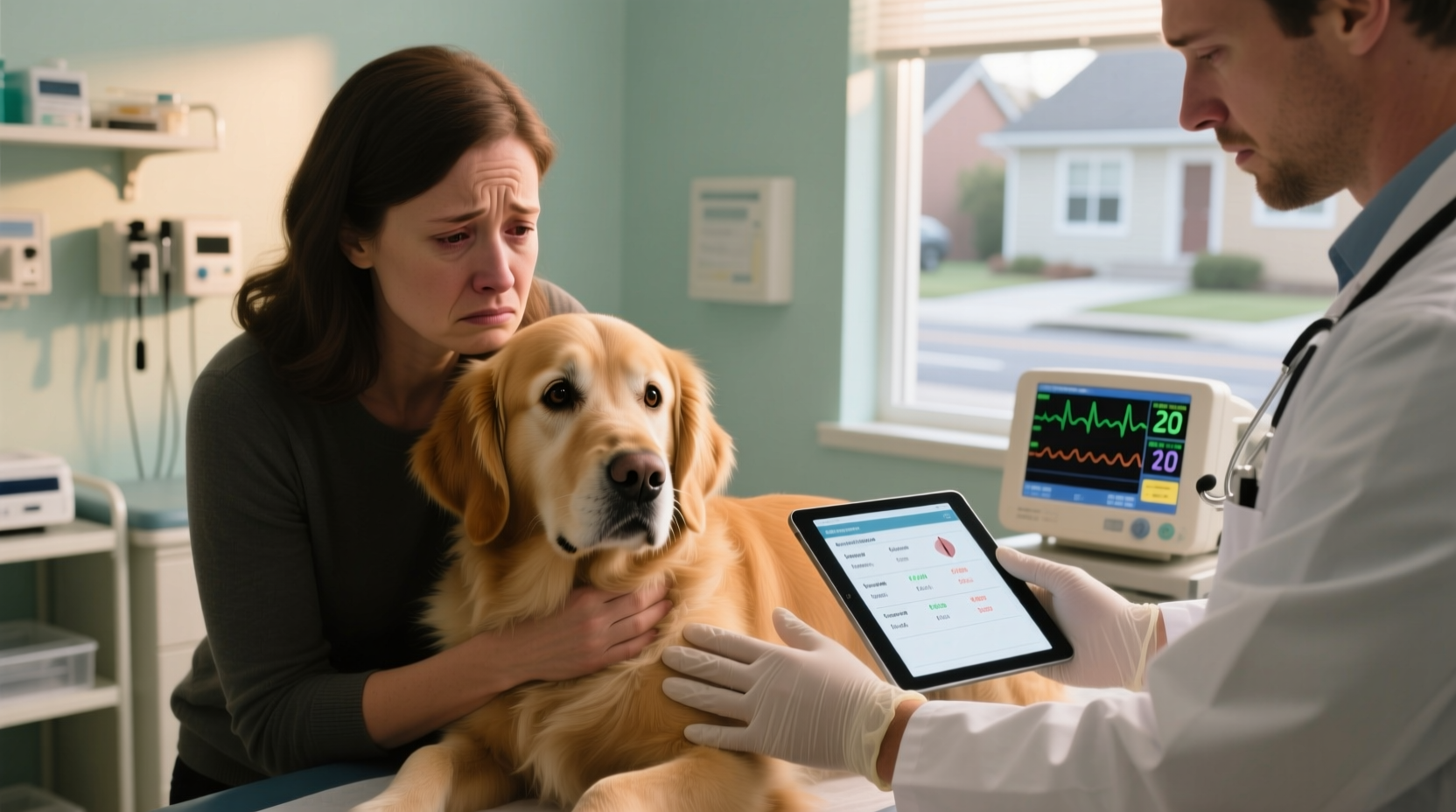 Concerned dog owner checking pet with veterinarian