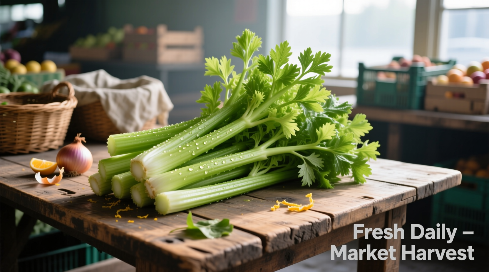 Fresh celery stalks on wooden market table