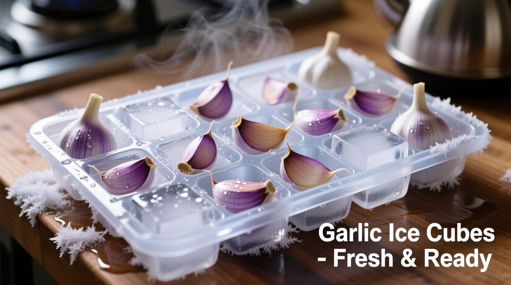 Frozen garlic cloves in ice cube tray