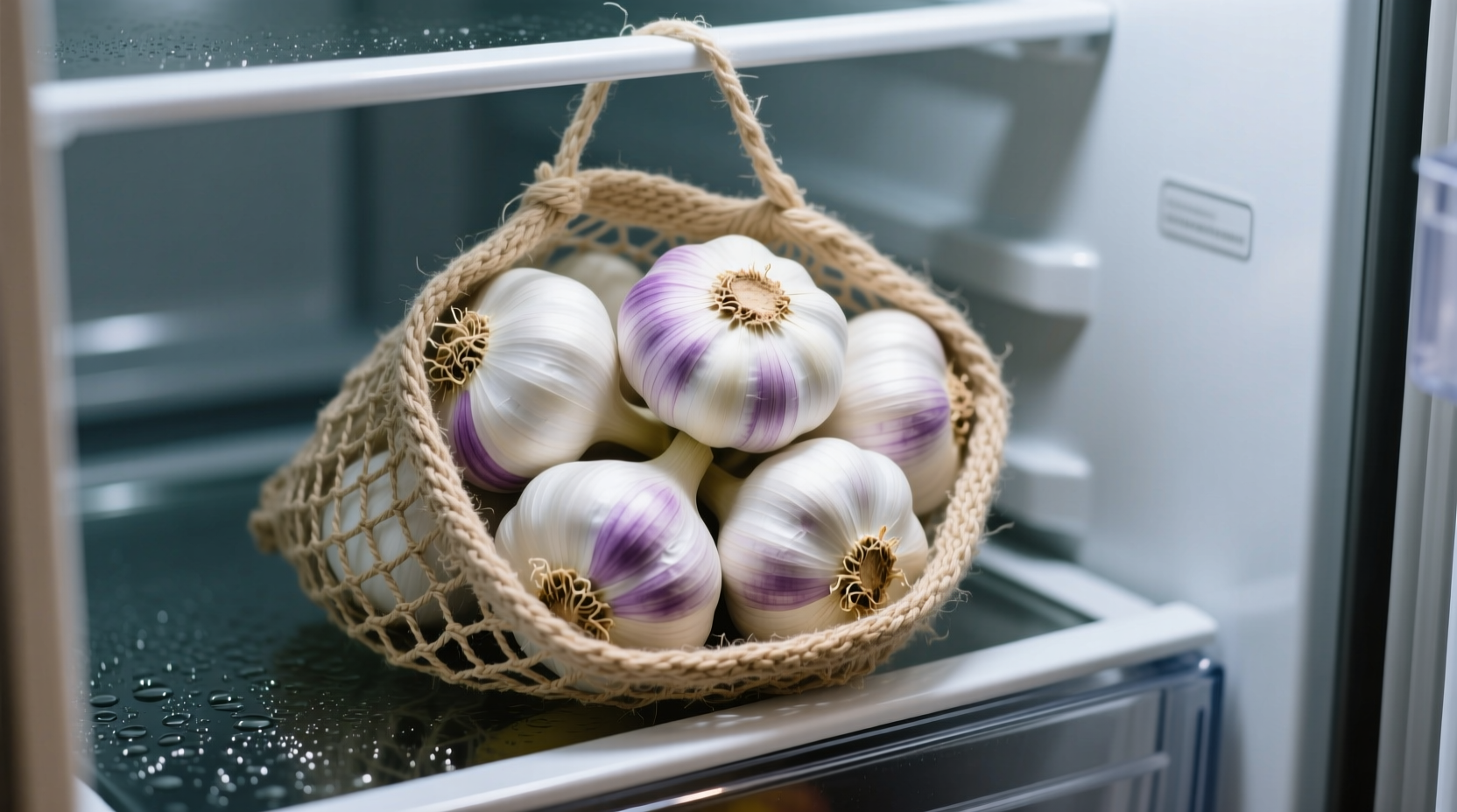Fresh garlic bulbs in mesh bag inside refrigerator