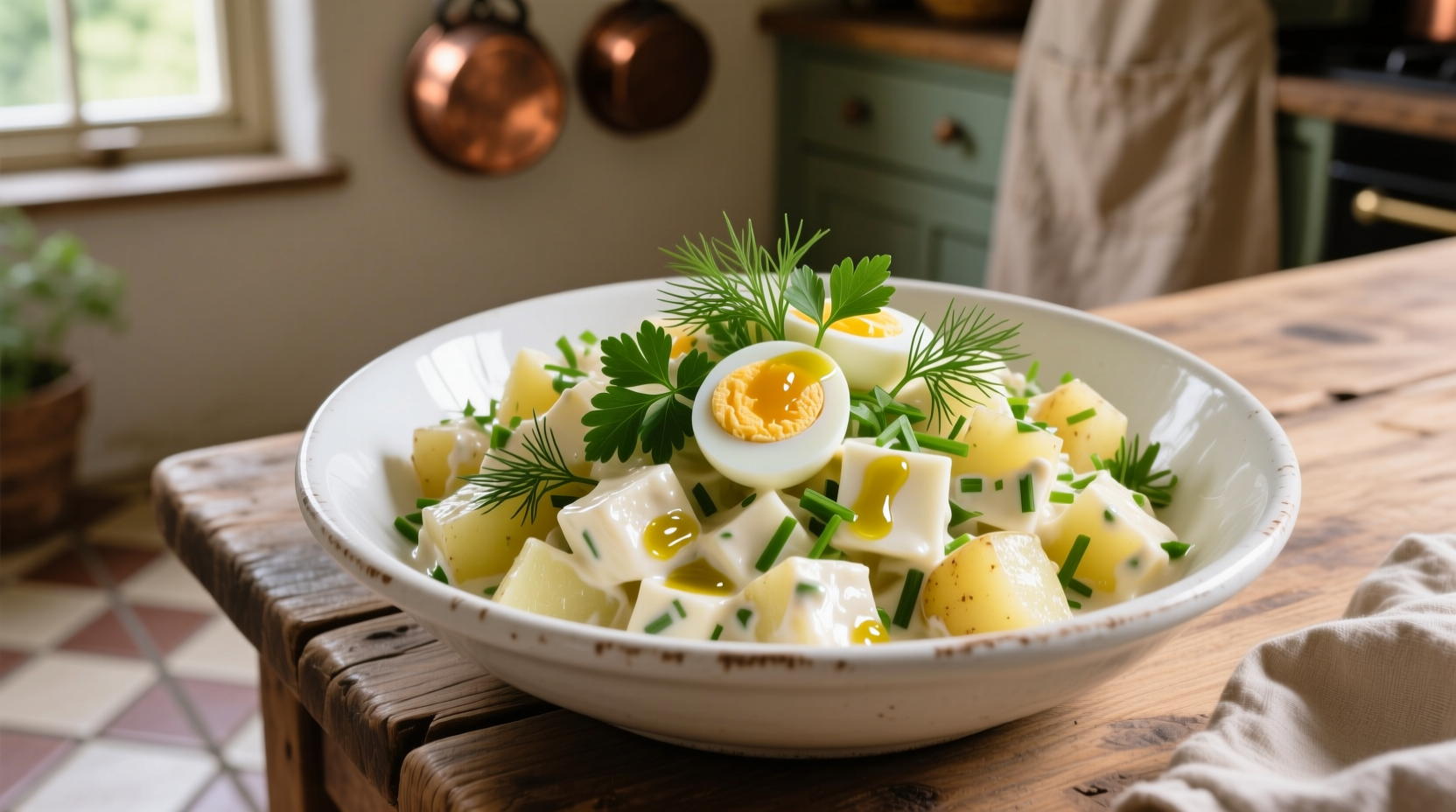 Creamy potato salad with chopped eggs and fresh herbs