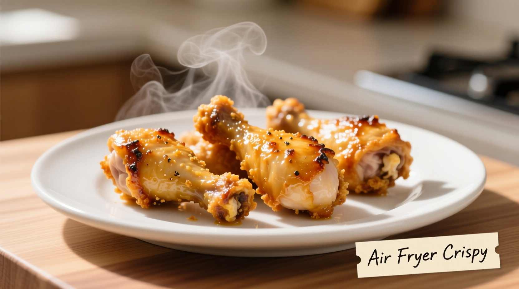 Crispy golden air fryer chicken drumsticks on plate