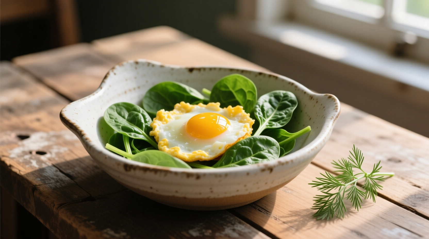 Fresh spinach and eggs in ceramic bowl