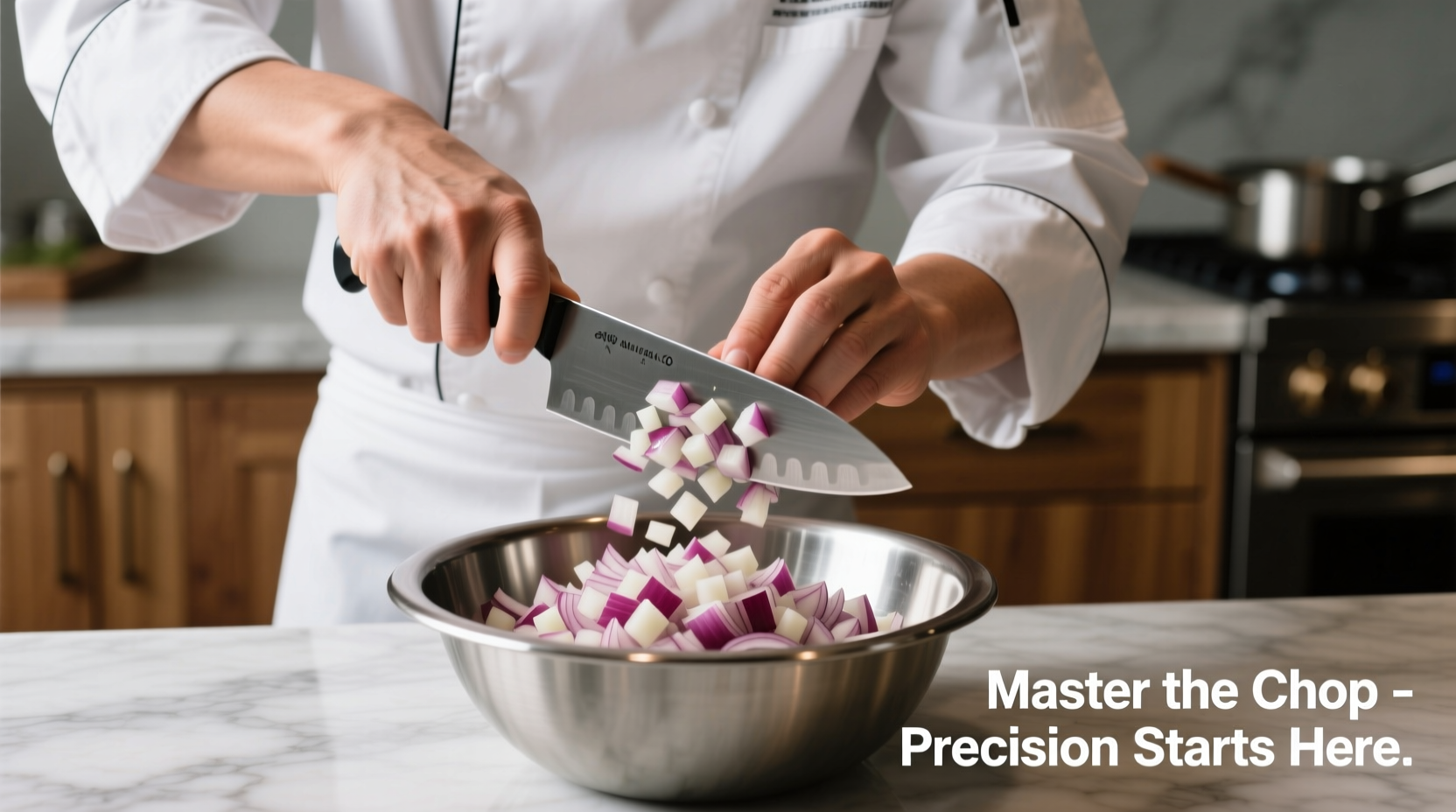 Chef demonstrating proper onion fine chopping technique