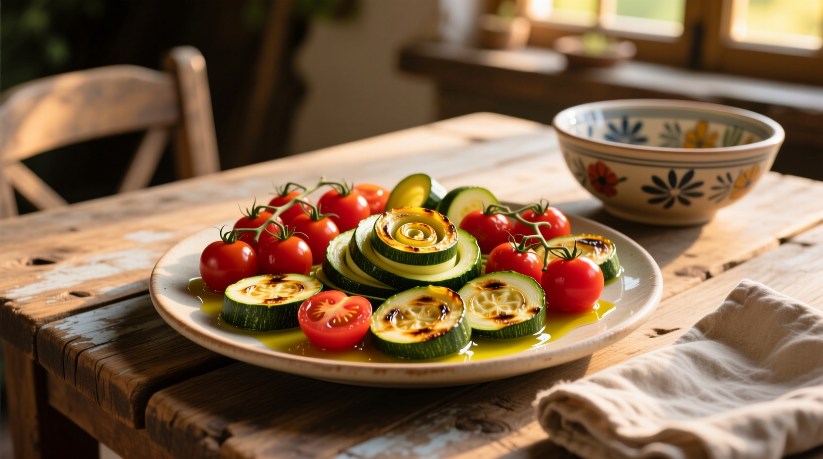Colorful zucchini and tomato dishes on rustic table