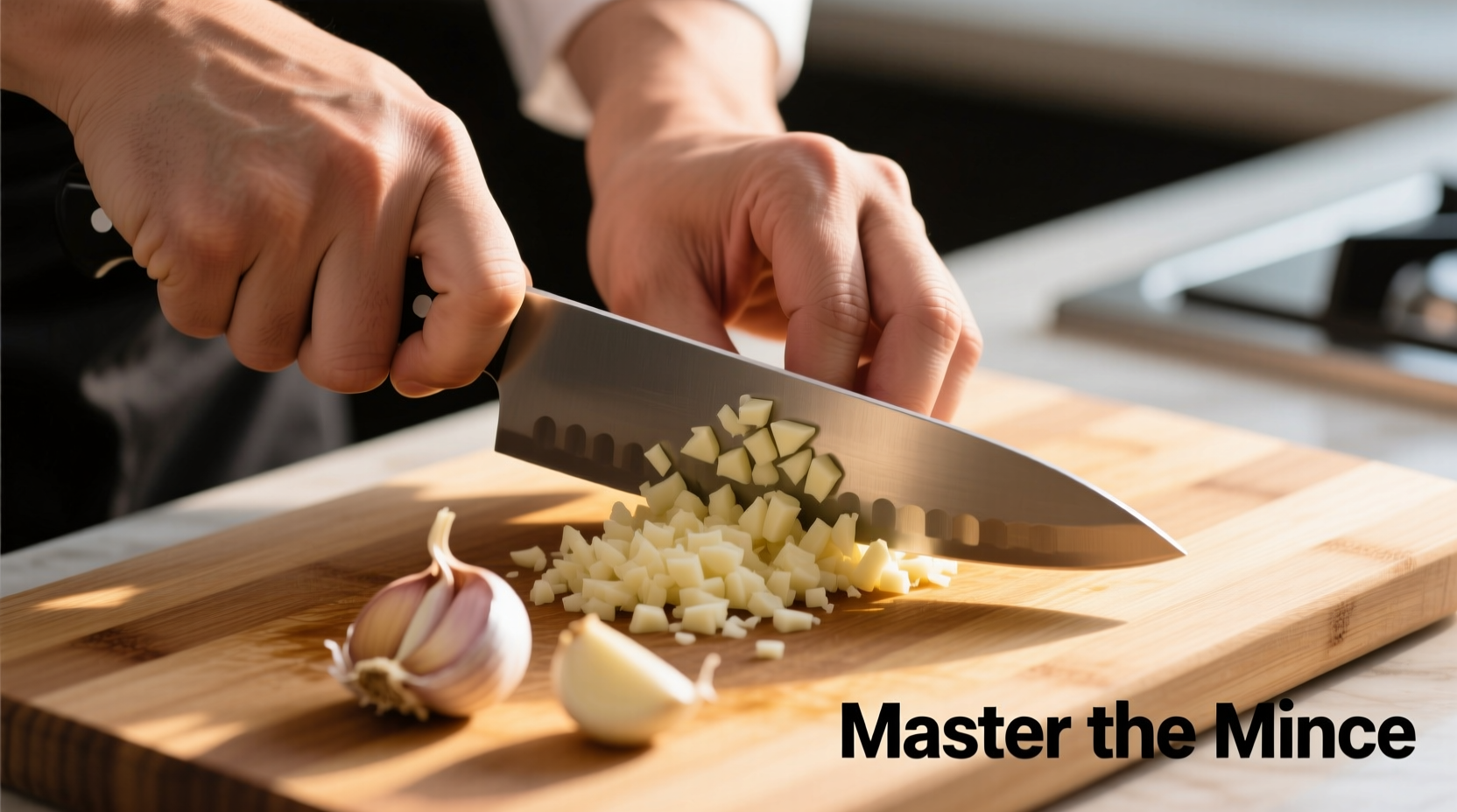 Chef's hand demonstrating proper garlic mincing technique with chef's knife