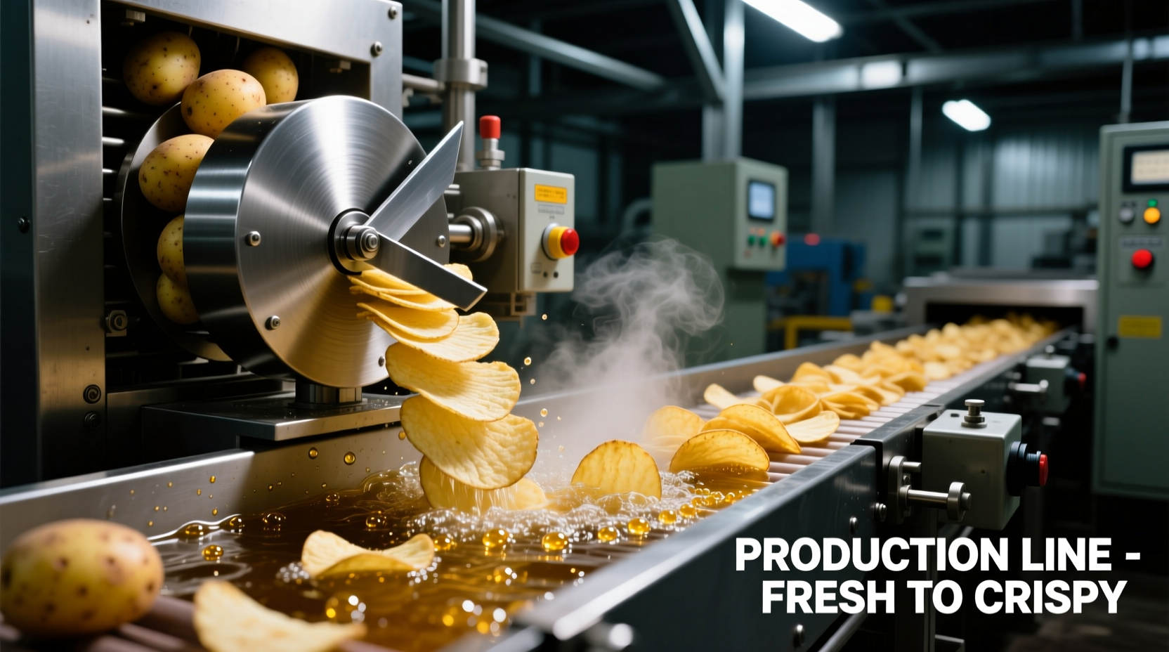 Professional potato chip production line showing slicing and frying process